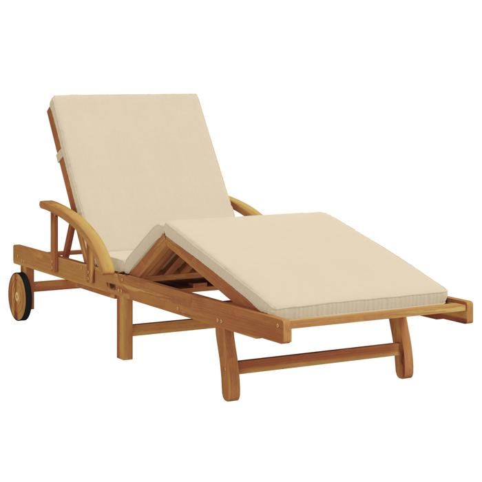 (SOLDE dété) Chaise longue Bain de soleil VIDAXL pliable avec roues & coussin Beige en bois dacacia massif SOL129482