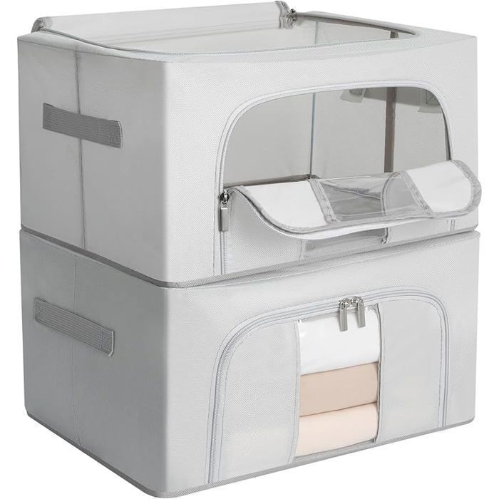 Lot de 2 Sac de Rangement Vêtement avec Fermeture clair 100L Boîtes de rangement avec Cadre Gris Multicolore BOITE DE RANGEMENT