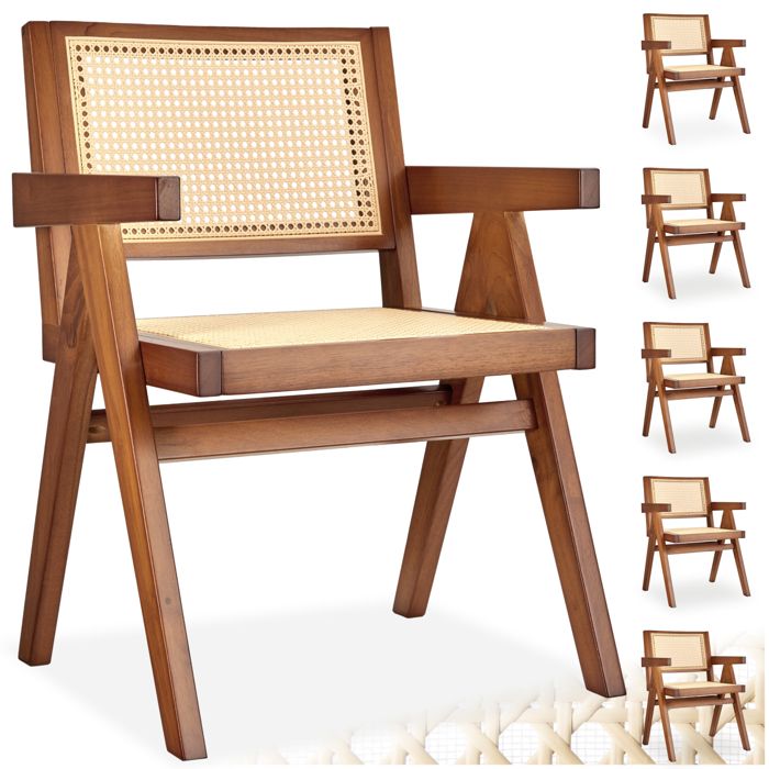 Chaise - TECTAKE - Lot de 6 fauteuils LISSY style boho cannage viennois en bois et accoudoirs 59 5 x 56 5 x 82 5 cm - Chêne foncé Chaise - TECTAKE - Lot de 6 fauteuils LISSY style boho cannage viennois en bois et accoudoirs 59 5 x 56 5 x 82 5 cm - Chêne foncé
