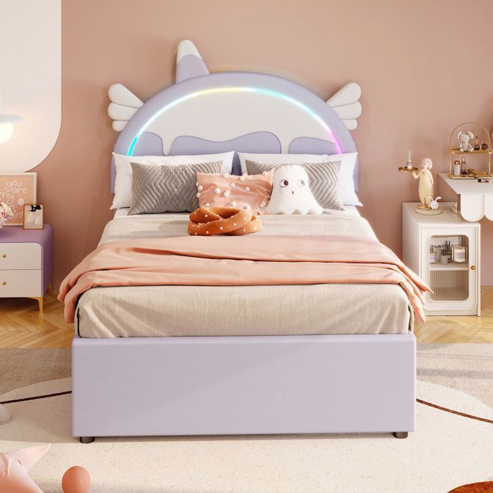 O.Ye Lit double 140 x 200 cm Lit enfant cartoon forme licorne lit enfant équipé dun lit gigogne matériau PU LED violet
