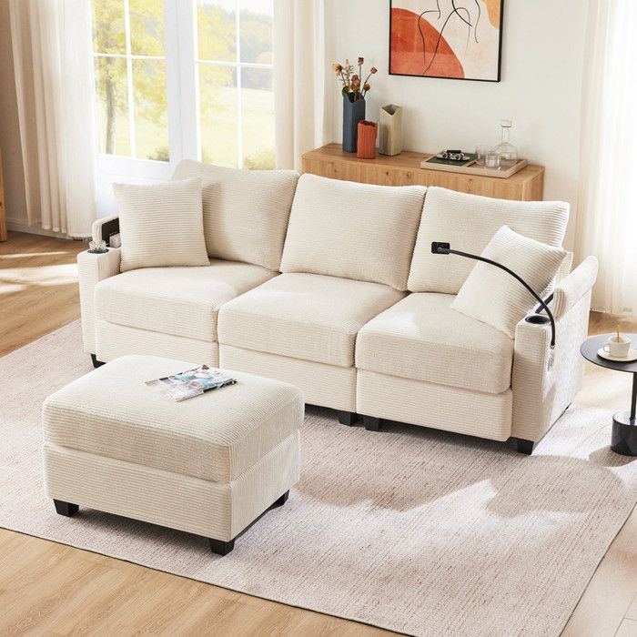 Canapé dangle 3 places avec repose-pieds porte-gobeletchargeur USB daccoudoir et coussinsVelours côtelé，beige