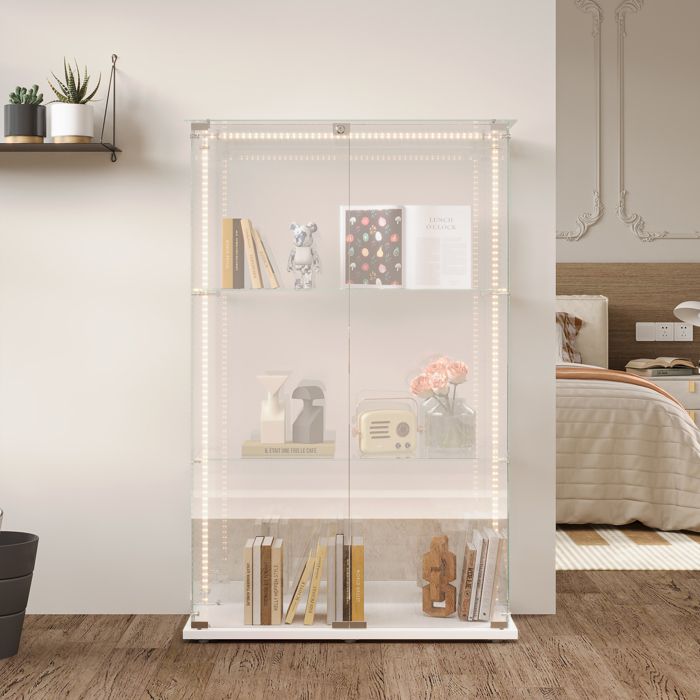 Vitrine en verre trempé blanc,meuble de collection transparent avec 2 ...