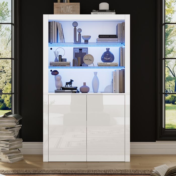 Vitrine en verre 100×35×170 cm avec éclairage LED Buffet haut brillante Buffet salon en blanc meuble salon en verre trempé