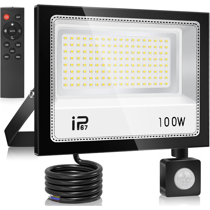 Projecteur LED extérieur avec détecteur de mouvement - TULLSA - 100W - Télécommande - 10000 lm - 7000K Blanc froid