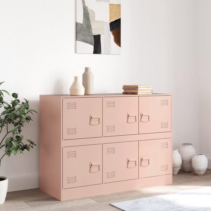 Buffet en acier - vidaXL - Rose - 99x39x73 cm - 6 compartiments - 6 poignées en métal - Capacité 90 kg