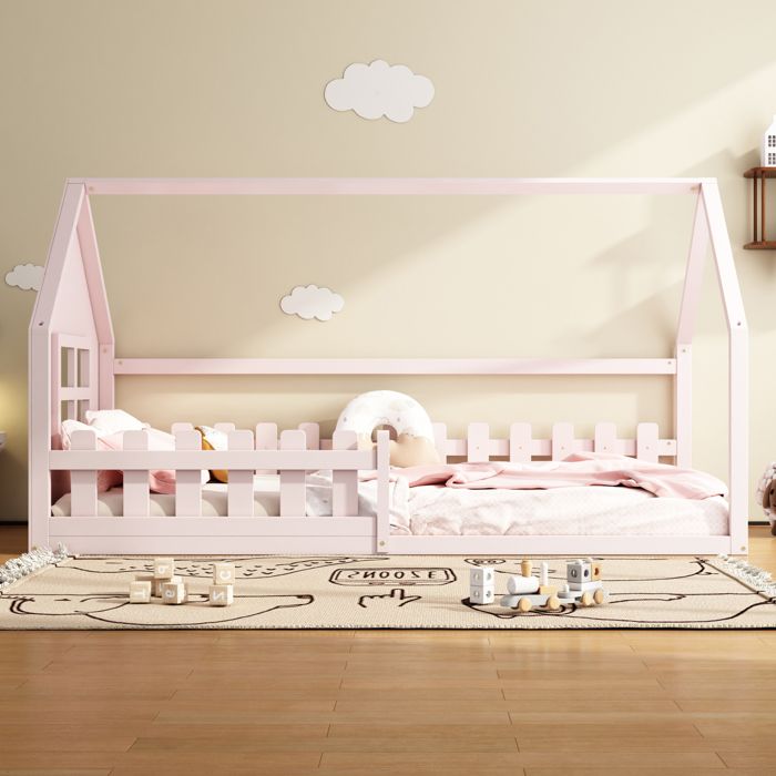 Lit enfant 90x200 cm lit plat lit cabane avec barrières de sécurité pin - rose