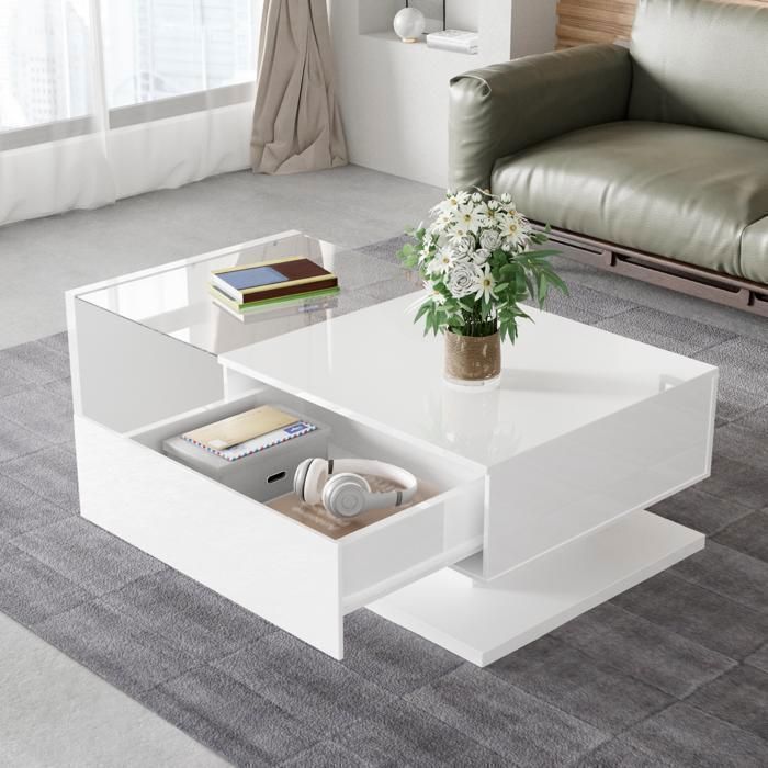 Table Basse LED Blanc Haute Brillance 105×55×32 5 cm avec Plateau en Verre Trempé – Table Appoint Moderne