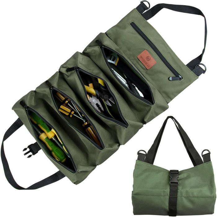 Sac roulettes outils toile clés molette 5 poches zippé plombiers électriciens vert