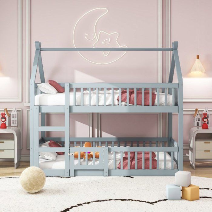 Lit superposé enfant  90x200 - VVBV - Mezzanine 2 niveaux - Gris - Bois massif - Escalier intégré
