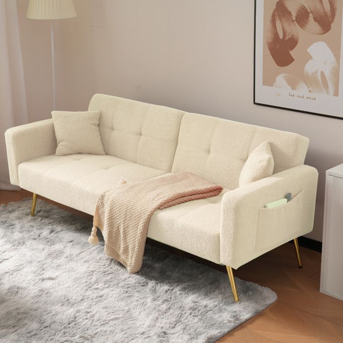 Canapé Convertible avec Fonction Lit Pieds Dorés Tissu Sherpa Avec Oreillers et Poches Latérales - Beige Canapé Convertible avec Fonction Lit Pieds Dorés Tissu Sherpa Avec Oreillers et Poches Latérales - Beige