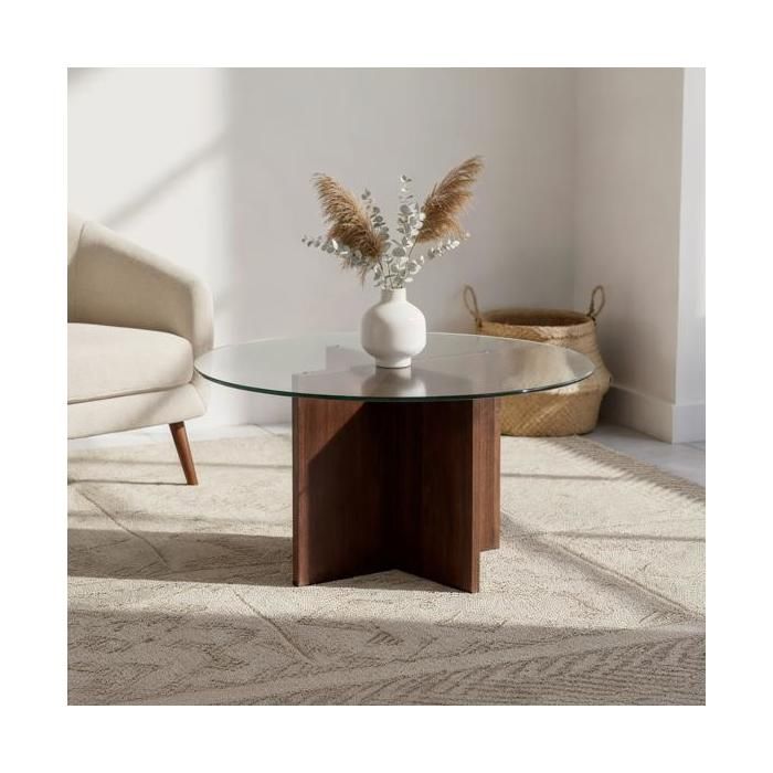 Sicaan table basse ronde ø80cm verre trempé transparent et structure noyer giulia
