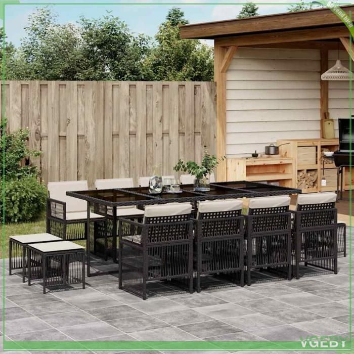 Ensemble à manger de jardin - 3210978 - 13 pièces (8 chaises + 4 tabourets + table) - Résine tressée noir - Coussins amovibles
