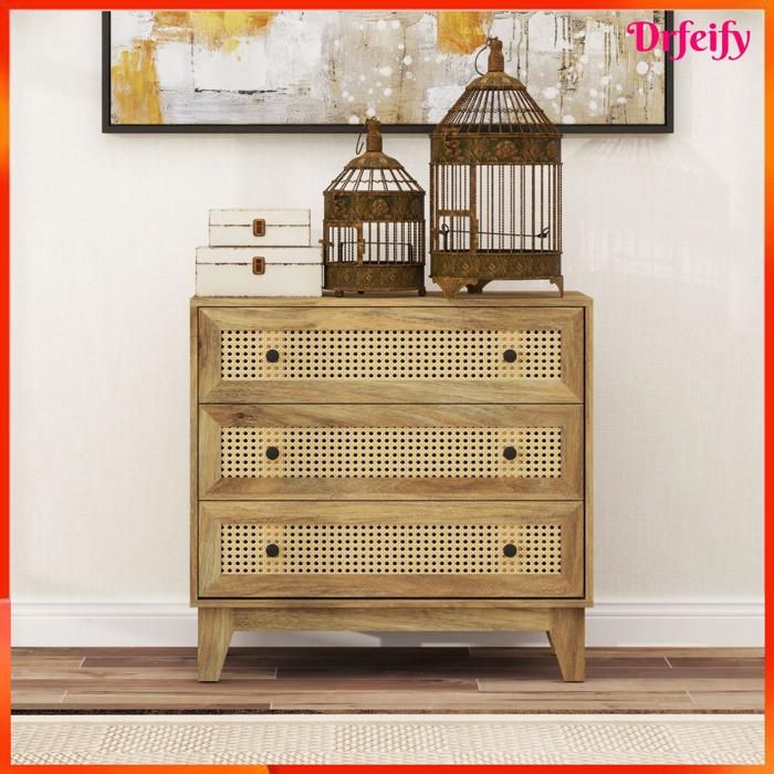Commode 3 tiroirs - AKOZON - 10404 - Cannage rotin - Aspect bois clair - 80 x 35 x 76 cm