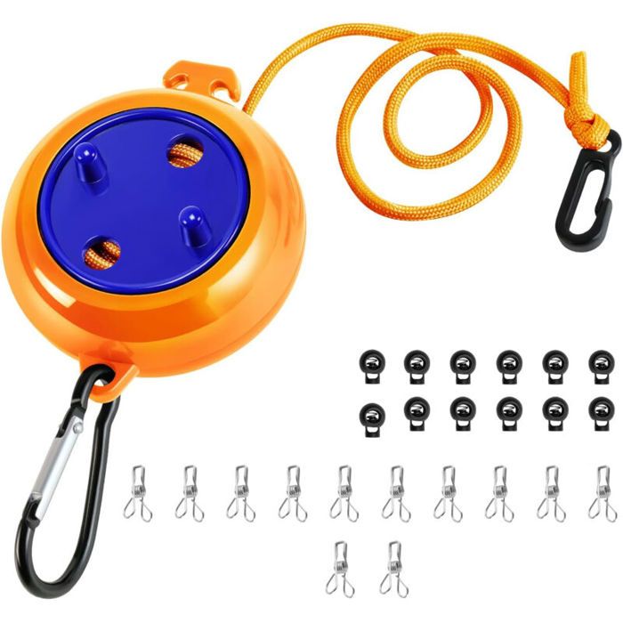 Corde à linge rétractable - PZCC - 10m - Portable - Orange - 10 clips coupe-vent - 20 pinces à linge - Crochets inclus