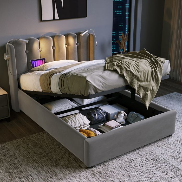 Lit 1 place - KOMHTOM - Simple 90x200 - Velours - Rangement hydraulique - Matelas 406 ressorts