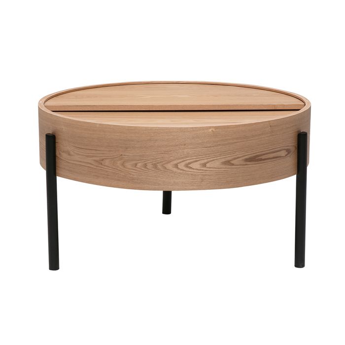 Miliboo - Table basse ronde bois clair frêne et métal noir avec plateau pivotant et rangement D80 cm YOLINE