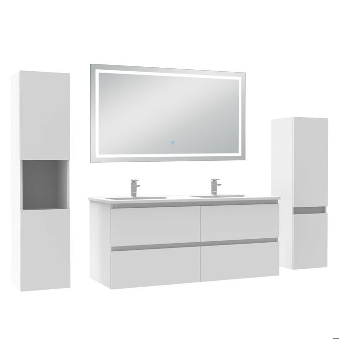 AICA Meuble de salle de bain 120 cm blanc mat avec Lavabo 2 colonnes miroir LED 6000K dimmable fonction mémoire AICA Meuble de salle de bain 120 cm blanc mat avec Lavabo 2 colonnes miroir LED 6000K dimmable fonction mémoire