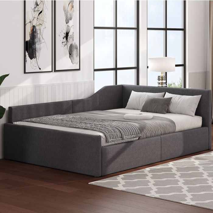 Lit banquette gris 140×200 cm avec rangement intégré sommier à lattes structure stable sans matelas