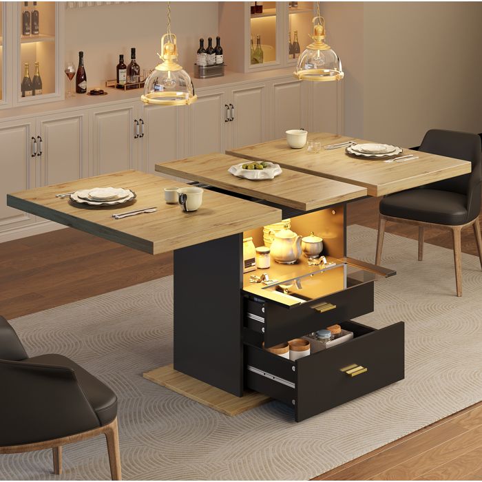 Table de Salle à Manger extensible 2 tiroirs et LED - BEAUNIV - pour Cuisine Salon Séjour Bois Noir