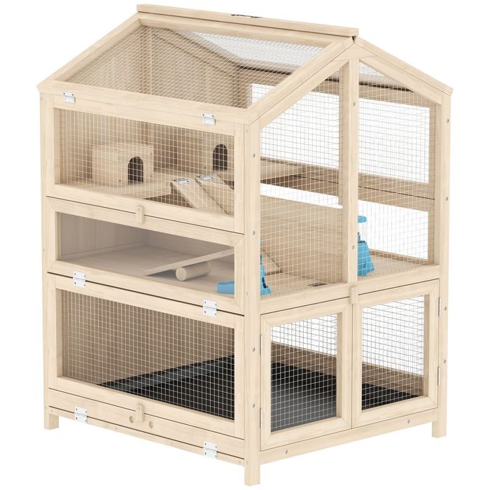 LIA Cage Hamster 3 Étages en Bois avec Bac Amovible Couvercle Ouvrant Bascule Cabane Fenêtre 68x615x90cm Naturel