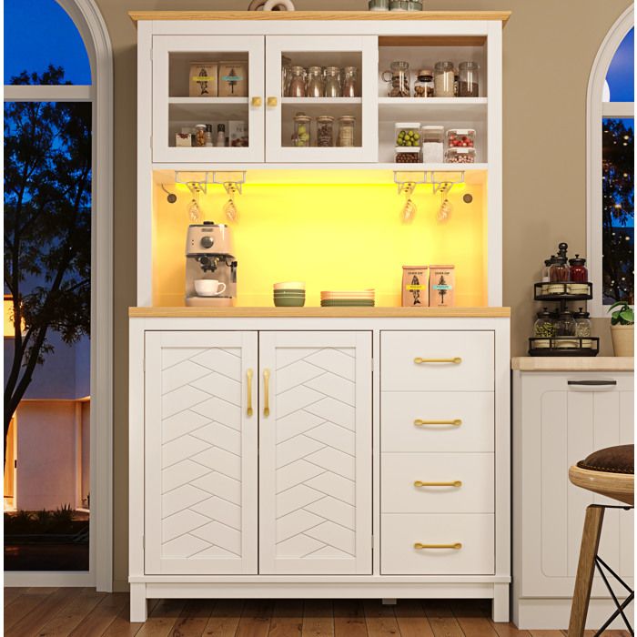 Buffet haut 1055 x 40 x 180 cm avec 4 portes 4 tiroirs LED intégrée porte-verres MDF blanc