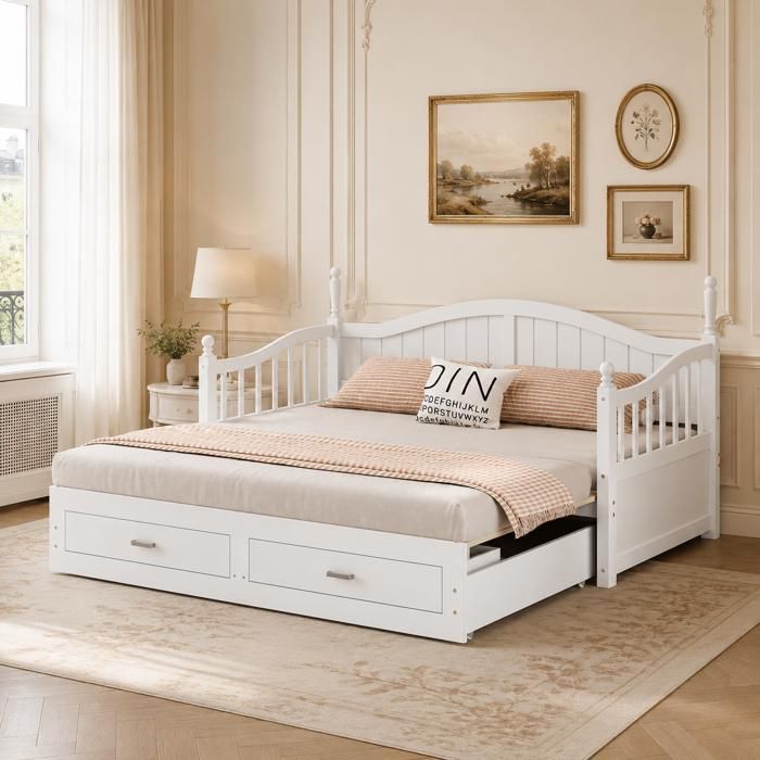 Lit banquette gigogne 90x190 extensible 180x190 avec 2 tiroirs sommier à lattes pin blanc