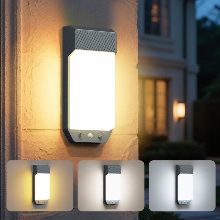 Lot de 1 Jardin Terrasse Applique Murale Exterieure Detecteur de Mouvement 3 Couleurs 3000K/4000K/6500K LED Eclairage Exterieur