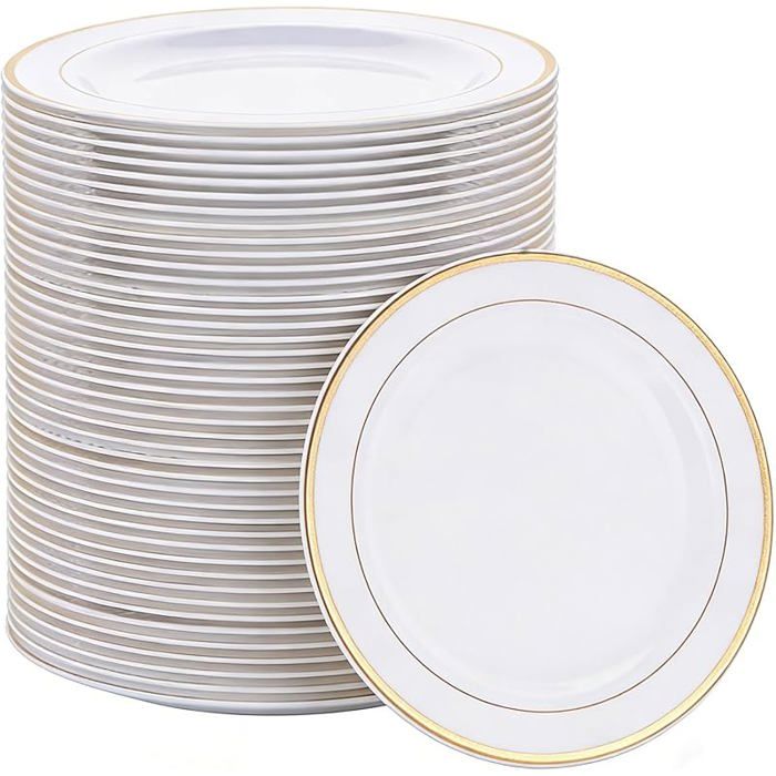 Assiettes en Réutilisables Blanches de 26 cm - Lot de 40 pour Fête (Blanc   Or)