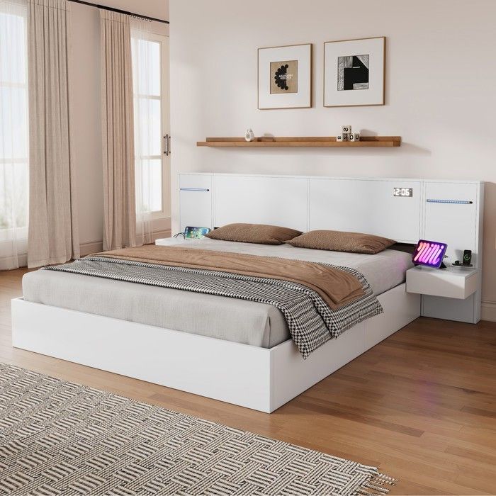 Lit double bois - Zephmum - 180x200 USB horloge enceinte Bluetooth LED lumière matelas 2 tables nuit blanc sans matelas