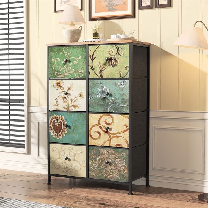 Commode chiffonnier rétro à 8 tiroirs multicolores - Buffet armoire de rangement design patchwork asymétrique artistique