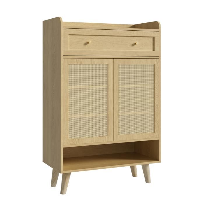 Meuble à Chaussures - 80x35x105 cm - 2 Portes en Rotin - 4 Étagères - 1 Tiroir - Style Bohème Chic