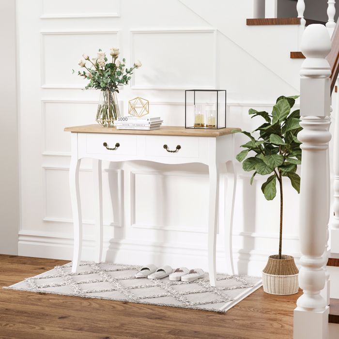 Console dentrée - 2 tiroirs - Style rétro - Blanc plateau aspect bois - 87 x 34 x 785 cm