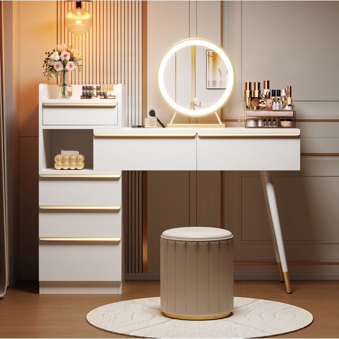 Coiffeuse blanche 100 x 41 5 x 102 cm avec plateau extensible miroir LED dimmable 3 couleurs 6 tiroirs