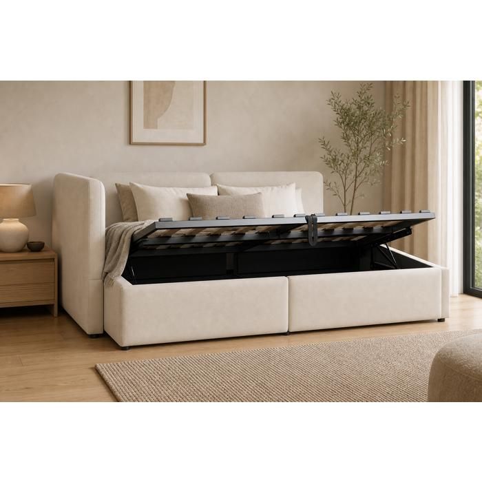 Lit canapé rembourré 140x200 avec coffre hydraulique et tête réglable en velours beige pour adulte et enfant