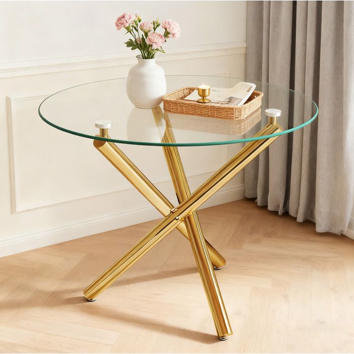 MEULVA Table à manger ronde 80 cm en verre trempé transparent avec pieds en métal doré 2 à 4 personnes