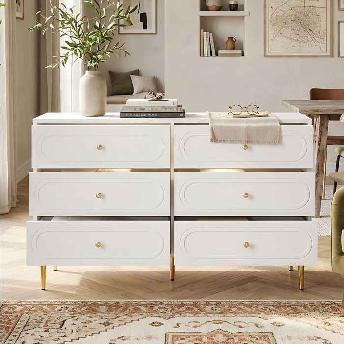 Commode Chiffonnier 120x40x75cm - 6 Tiroirs Ovales Design - Pieds Métal Surélevés - Grand Rangement Salon - Bois MDF Blanc
