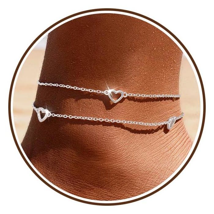 Cheville En Or 14 Carats Pour Femme-Double Couche Réglable-Avec Pendentif En Forme De Cœur Ouvert-Imperméable-Idéal Comme Bi[CA116]