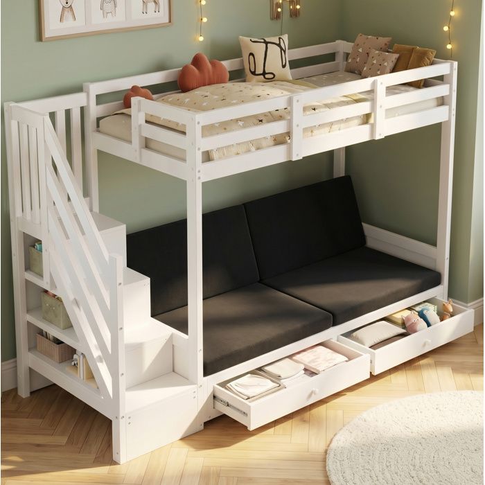 MEUBLIV Lit mezzanine enfant 90 x 200 cm blanc avec escalier de rangement 2 tiroirs canapé inférieur sans matelas