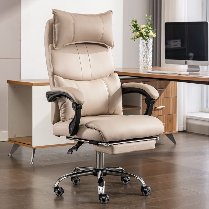 Chaise de bureau ergonomique beige en tissu technique avec repose-pieds soutien lombaire réglable et roulettes
