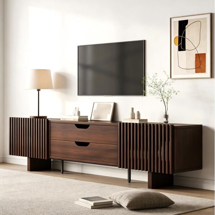 ROVRYN Meuble TV 180 x 40 x 45 cm noyer fonce 2 tiroirs 2 portes a lames MDF jusqua 75 pouces