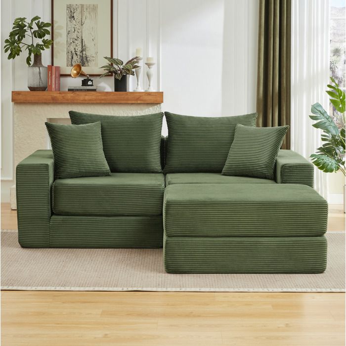 WOVREO canapé modulable 3 places convertible velours côtelé vert base antidérapante 259 5 x 96 x 80 cm