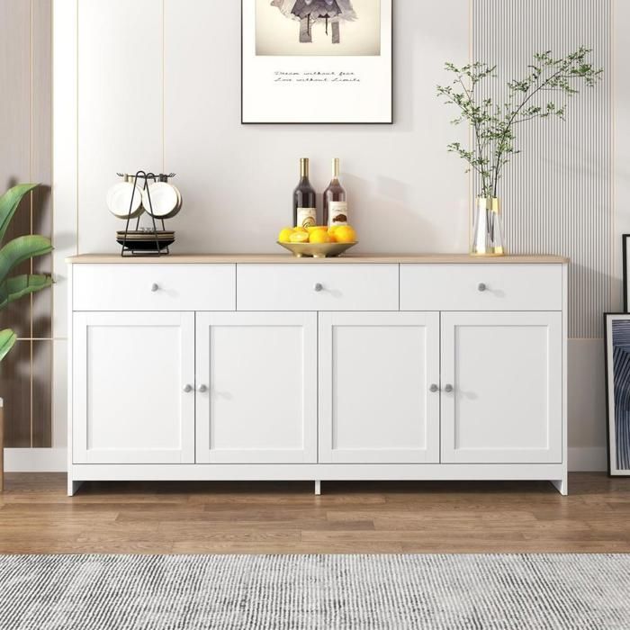 Buffet bas - KOMHTOM - Rustique moderne - 4 portes 3 tiroirs - Étagères réglables - MDF blanc 160x37x75 cm Buffet bas - KOMHTOM - Rustique moderne - 4 portes 3 tiroirs - Étagères réglables - MDF blanc 160x37x75 cm