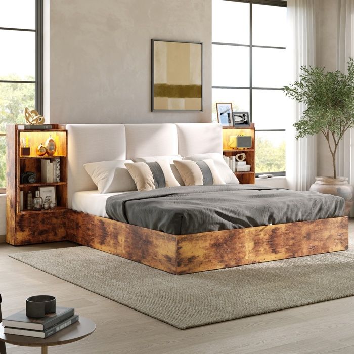 Lit coffre 180x200 cm avec tête de lit rembourrée rangement hydraulique bibliothèques intégrées avec LED style industriel marron