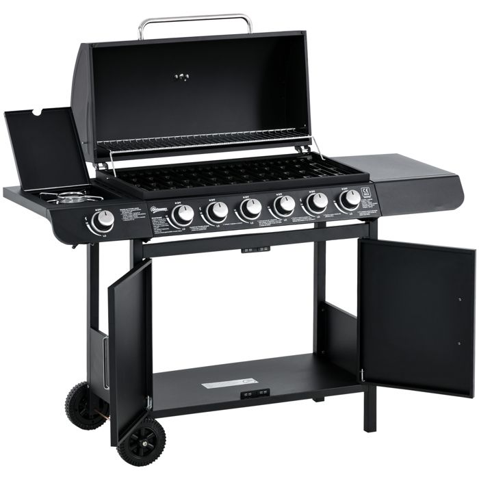 YWJ Barbecue à gaz avec 7 brûleurs incluant thermomètre barbecue grill barbecue mobile noir