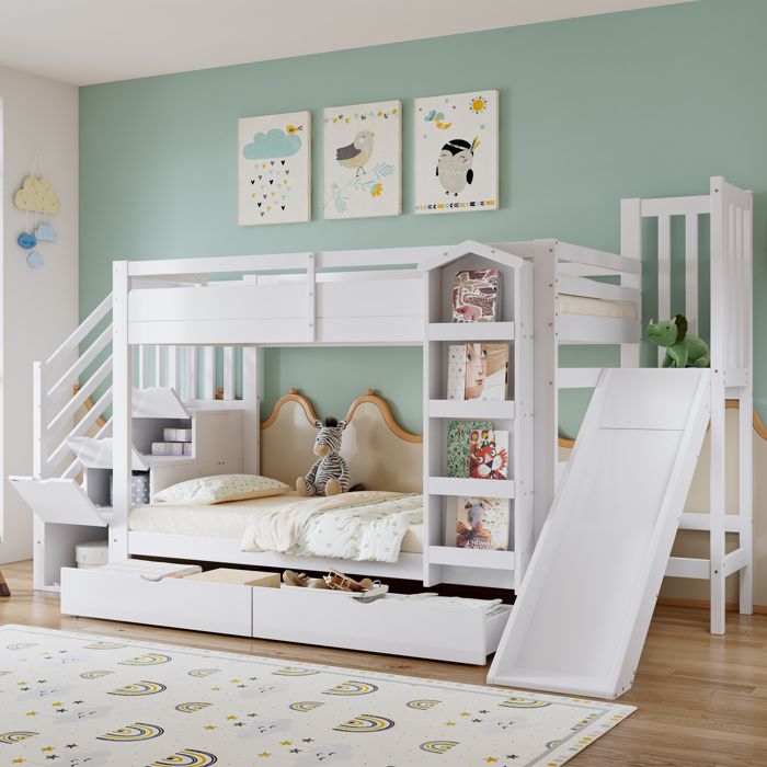 Lit superposé enfant - ZEVKOR - 90×200 cm - Toboggan - Escalier rangement & 2 tiroirs