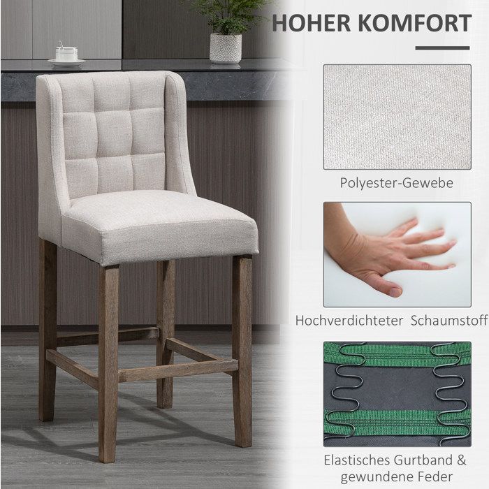 ULEVR Lot de 2 tabourets de bar avec dossier capitonné polyester aspect lin beige repose-pieds 47 x 50 x 101 cm