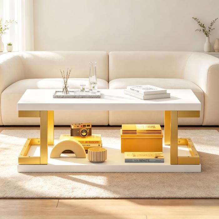 Table basse LED blanc et or table de salon rectangulaire moderne 2 niveaux avec éclairage Bluetooth 100x50 cm