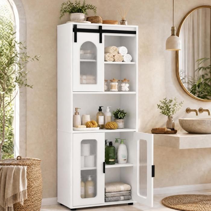GIANTEX Meuble Salle de Bain Haut Porte de Grange Coulissante Armoire de Rangement avec Placard 2 Portes Étagère Ouverte Blanc
