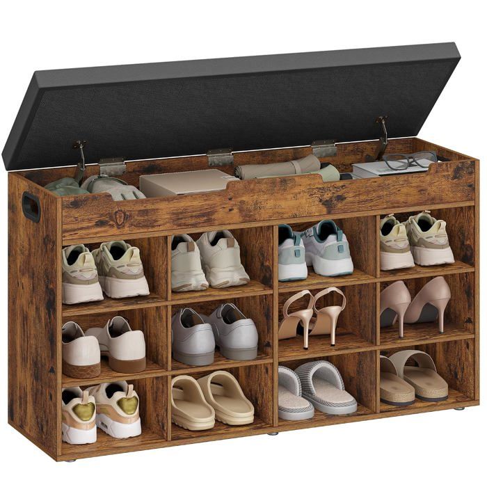 Banc à chaussures assise capitonnée 12 compartiments finition brune 30 x 100 x 55 cm supporte 150 kg coussin 4 5 cm