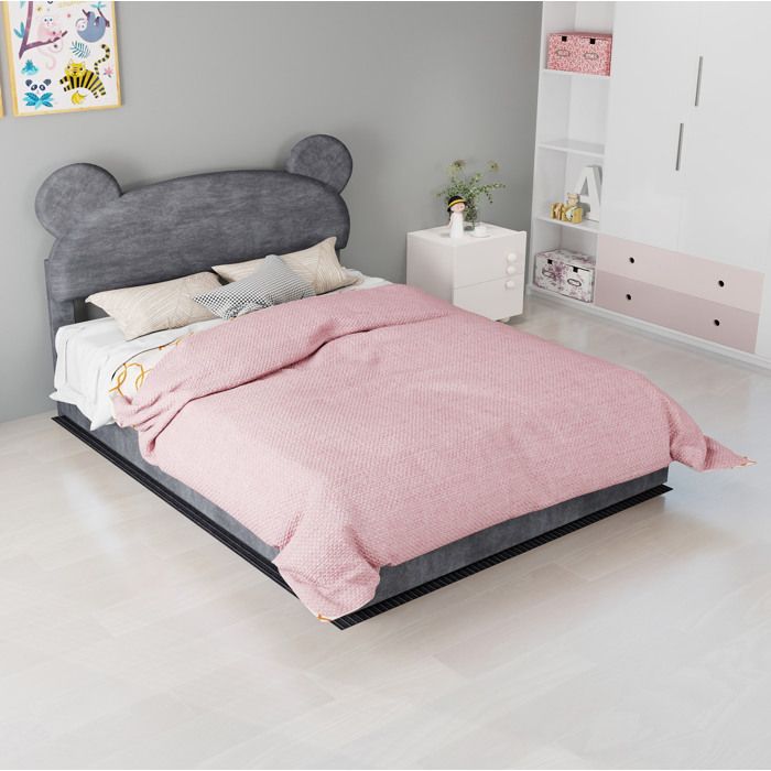 COVREO Lit enfant 2 places 140 x 200 cm avec rangement relevable matelas mémoire de forme inclus gris